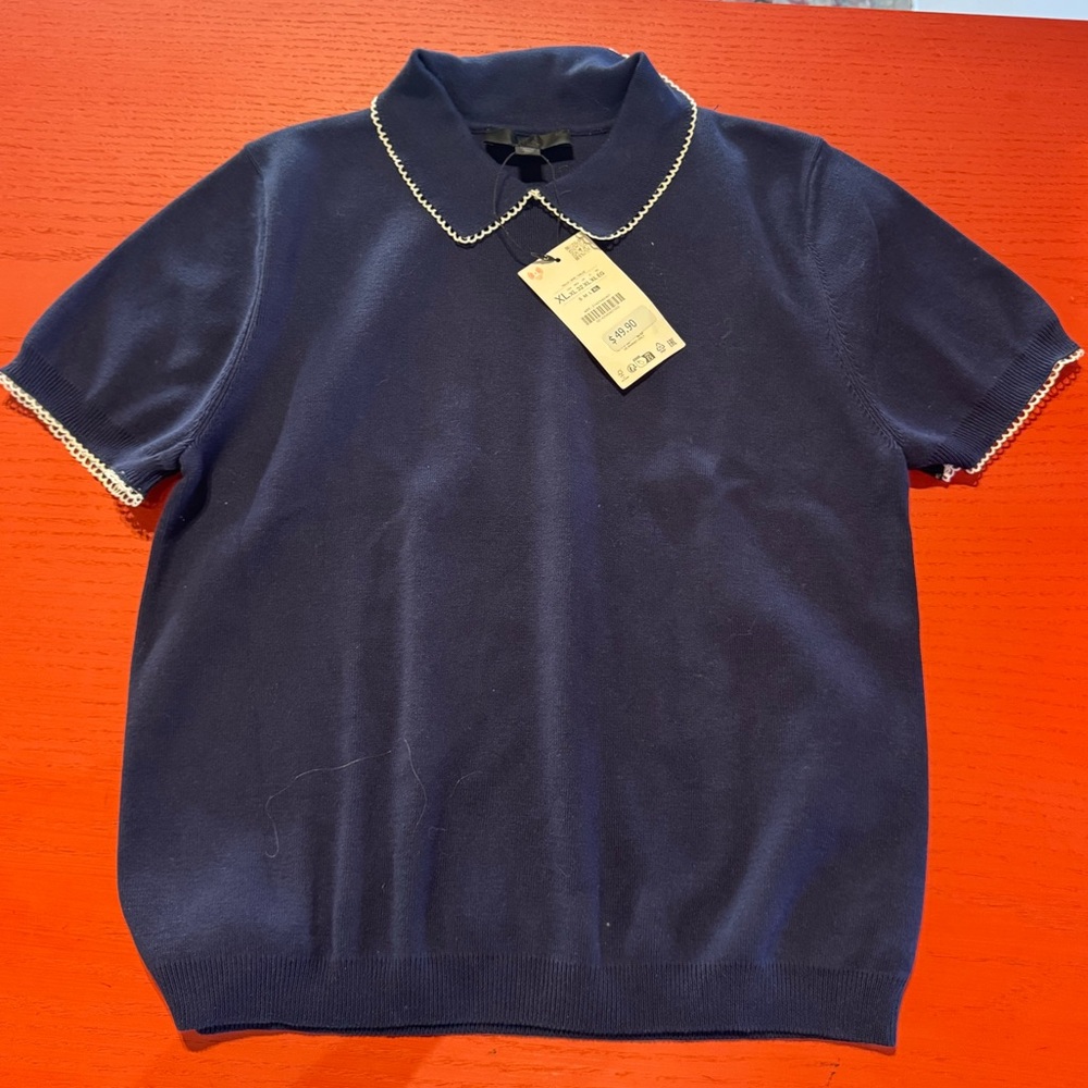 Zara Short Sleeve Navy Sweater with White Knot Collar